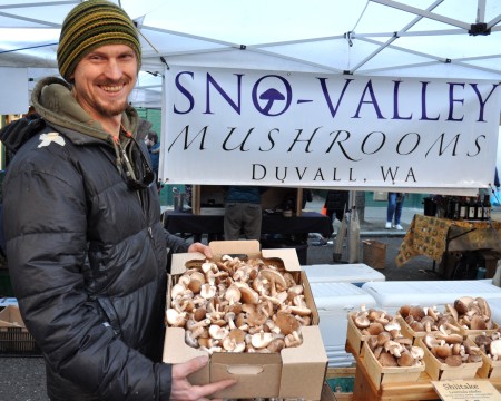 Sno-Valley Mushrooms' Rowan and shiitake mushrooms at Ballard Farmers Market. Copyright Zachary D. Lyons.